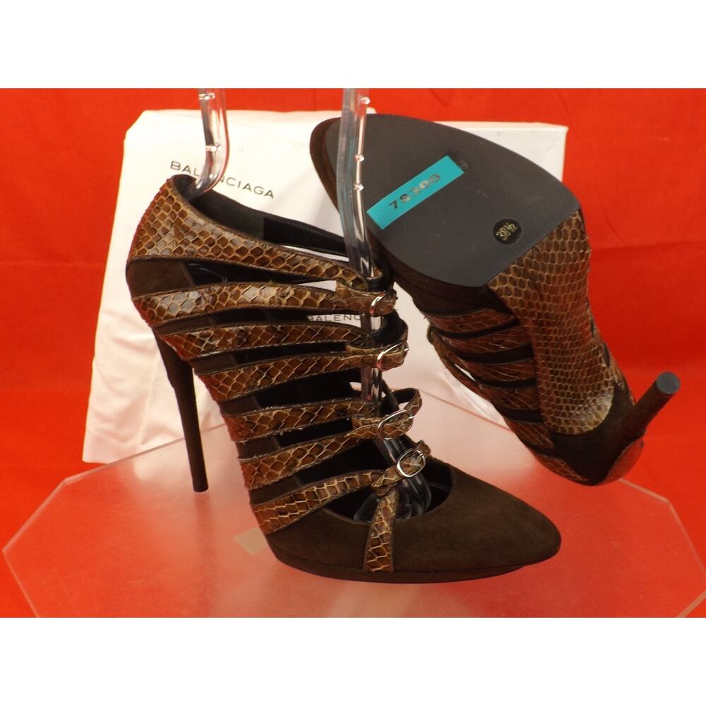 NIB BALENCIAGA BROWN SUEDE PYTHON LEATHER STRAPPY PLATFORM PUMPS 39 # 278417 - Picture 7 of 10